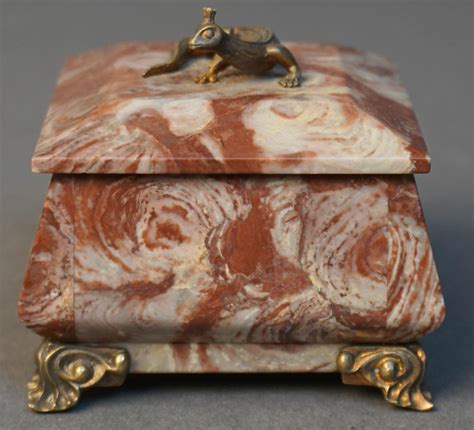 Russian Jasper Stone And Bronze Lizard Lidded Box 